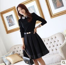 春季新款韓版修身連衣裙娃娃領長袖氣質(zhì)連衣裙